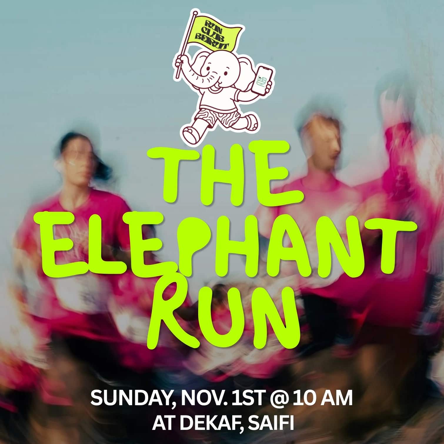 Runners in motion blur on a bright morning, the Elephant Run artwork with Vibez, Run Club Beirut and DEKAF